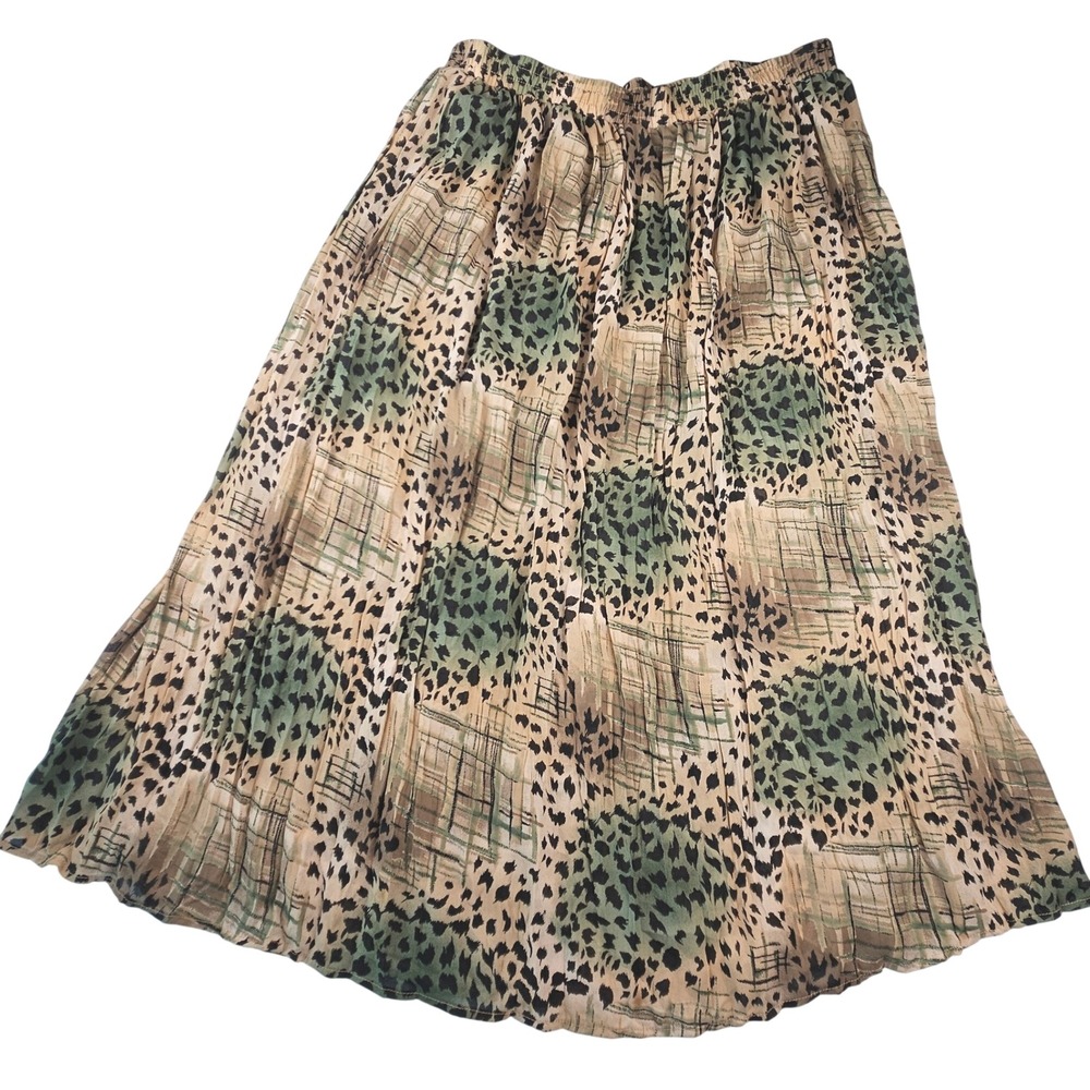 Vintage 1990s Kathie Lee Abstract Animal Print Pleated Midi Skirt Green Tan XL
